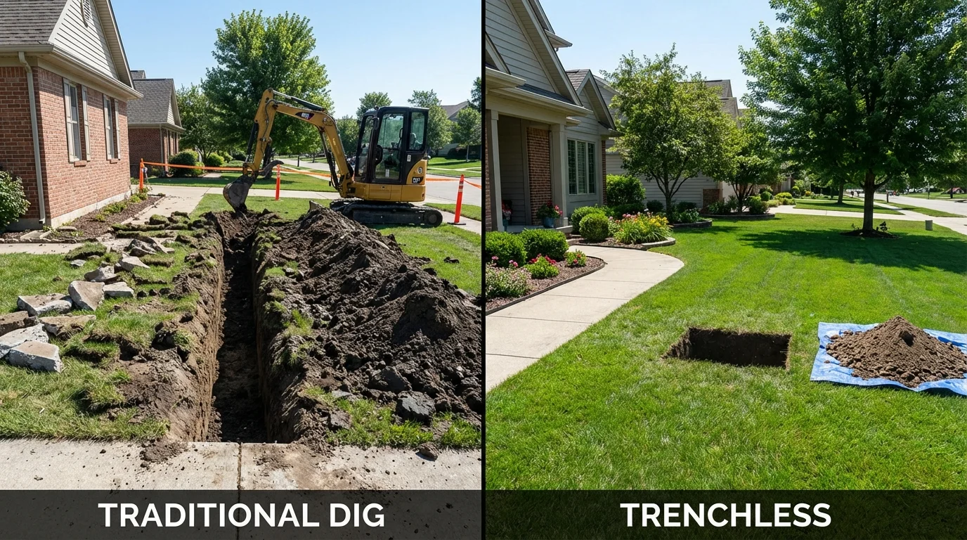 Trenchless sewer repair with minimal yard damage versus traditional excavation in Hartford, IL