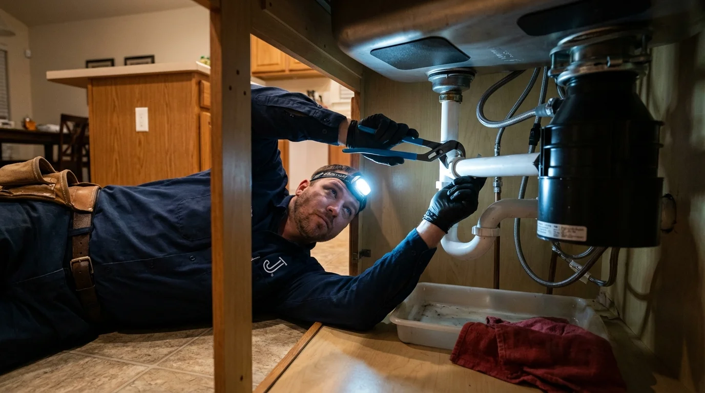 P-trap and supply line connections under a kitchen sink showing a common leak point in Hartford, IL